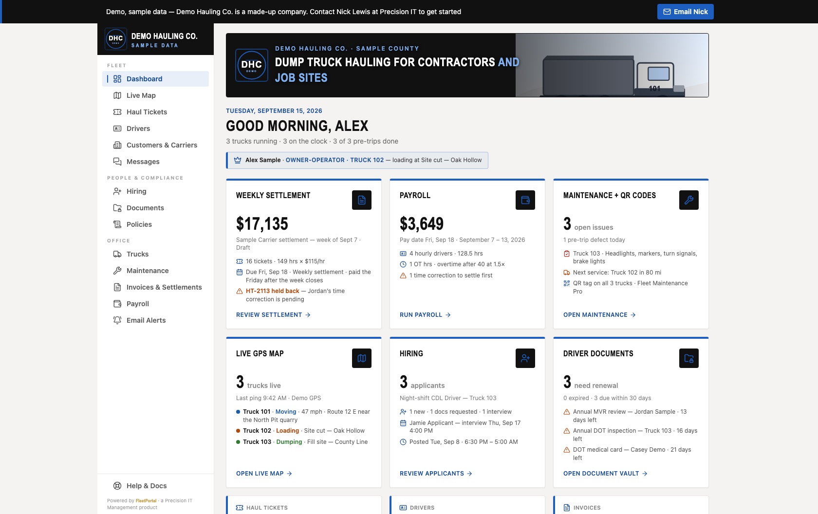 The FleetPortal office dashboard: weekly settlement, payroll, maintenance alerts, live GPS map, hiring and driver documents.